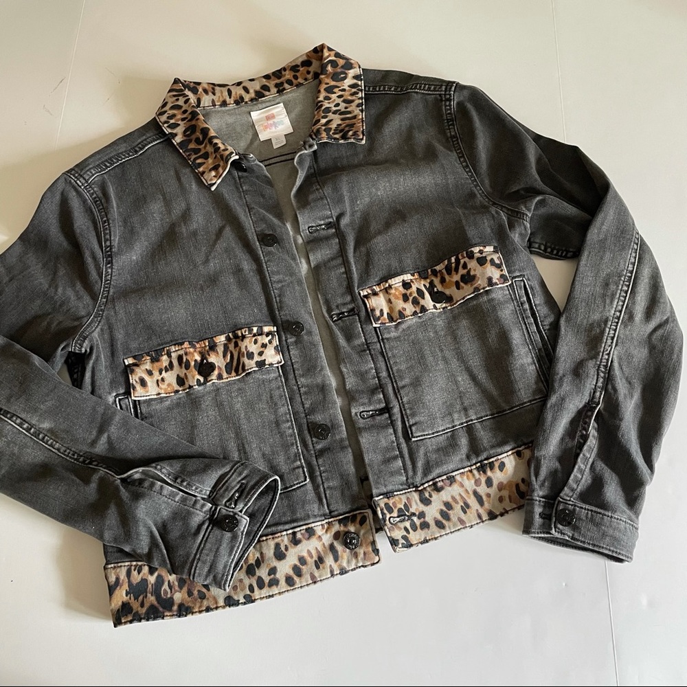 LuLaRoe Kenny Denim Jacket with Animal Print Trim